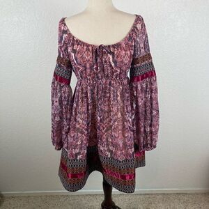 Bebe Fable peasant embroidered satin trim balloon sleeve mini dress womens S NEW